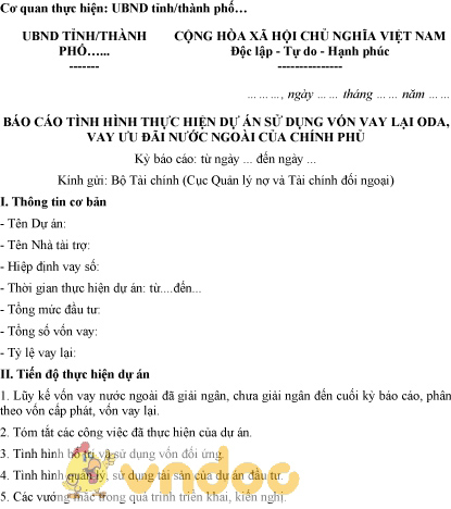 Mẫu báo cáo tình hình thực hiện dự án sử dụng vốn vay lại ODA