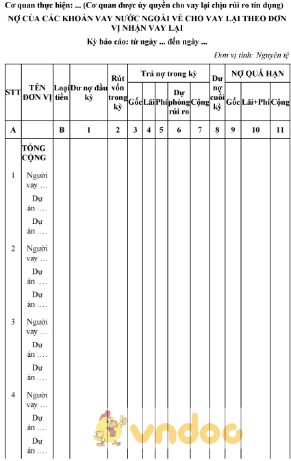 Mẫu nợ của các khoản vay nước ngoài về cho vay lại của cơ quan được ủy quyền cho vay