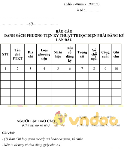 Mẫu báo cáo danh sách phương tiện kỹ thuật thuộc diện phải đăng ký lần đầu