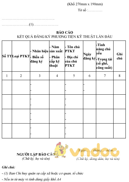 Mẫu báo cáo kết quả đăng ký phương tiện kỹ thuật lần đầu