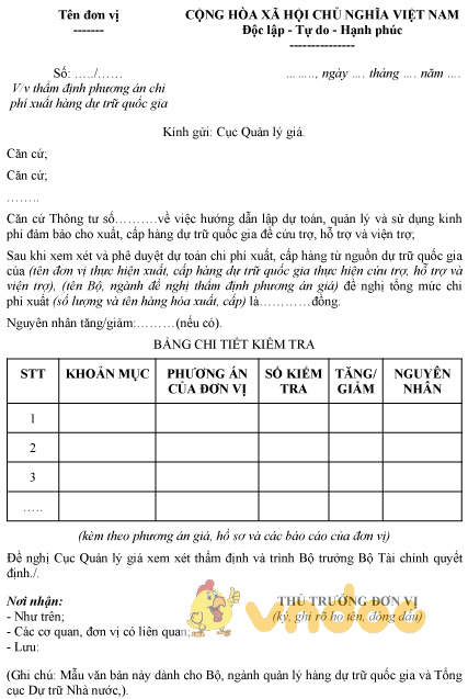 Mẫu thẩm định phương án chi phí xuất hàng dự trữ quốc gia