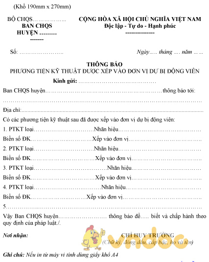 Mẫu thông báo phương tiện kỹ thuật được xếp vào đơn vị dự bị động viên