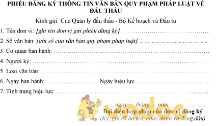 Mẫu phiếu đăng ký thông tin văn bản quy phạm pháp luật về đấu thầu