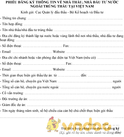 Mẫu phiếu đăng ký thông tin về nhà thầu, nhà đầu tư nước ngoài trúng thầu tại Việt Nam