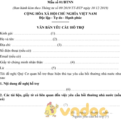Mẫu số 01/BTNN: Văn bản yêu cầu hỗ trợ
