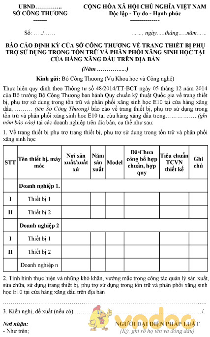 Mẫu báo cáo định kỳ của Sở Công thương về trang thiết bị phụ trợ