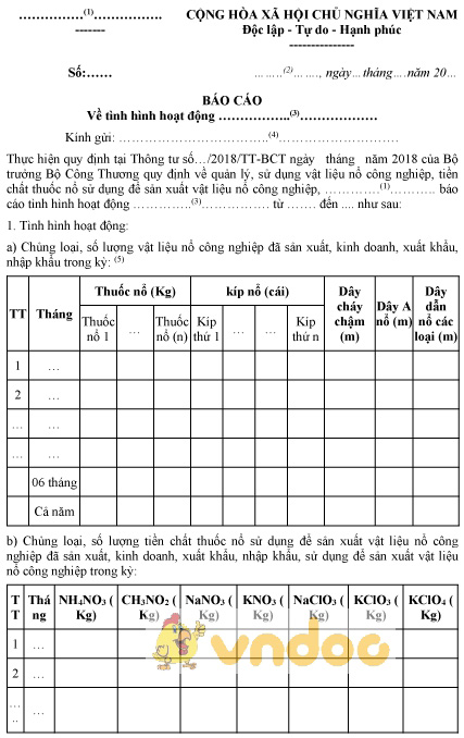 Mẫu báo cáo định kỳ của tổ chức sản xuất, kinh doanh vật liệu nổ công nghiệp