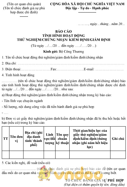 Mẫu báo cáo tình hình hoạt động thử nghiệm, chứng nhận, kiểm định, giám định