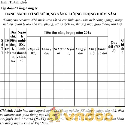 Mẫu danh sách cơ sở sử dụng năng lượng trọng điểm