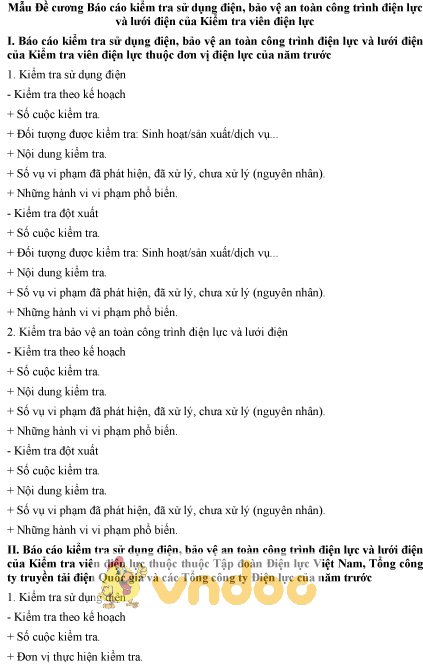 Mẫu đề cương báo cáo kiểm tra sử dụng điện