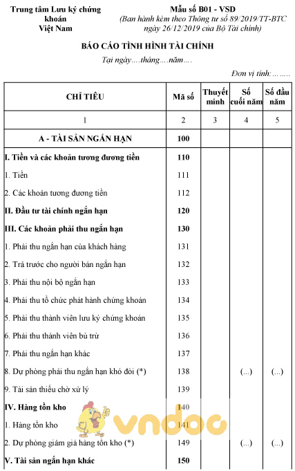 Mẫu số B01 - VSD: Báo cáo tình hình tài chính