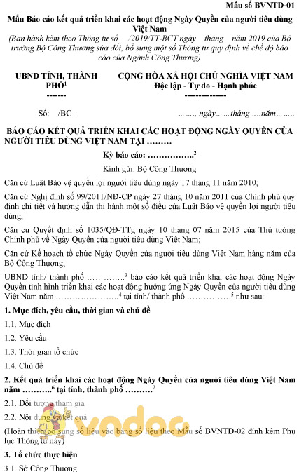 Mẫu số BVNTD-01: báo cáo kết quả triển khai hoạt động Ngày Quyền của người tiêu dùng