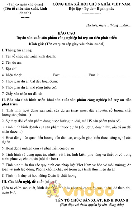 Mẫu báo cáo dự án sản xuất sản phẩm công nghiệp hỗ trợ ưu tiên phát triển