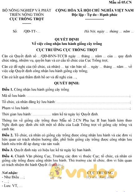 Mẫu quyết định về việc công nhận lưu hành giống cây trồng