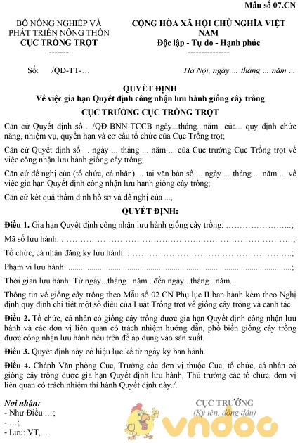 Mẫu quyết định về việc gia hạn Quyết định công nhận lưu hành giống cây trồng