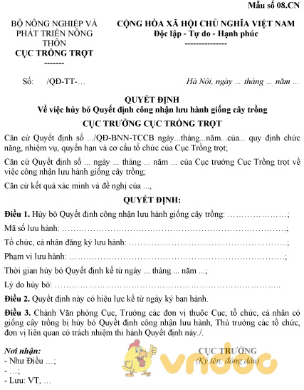 Mẫu quyết định về việc hủy bỏ Quyết định công nhận lưu hành giống cây trồng