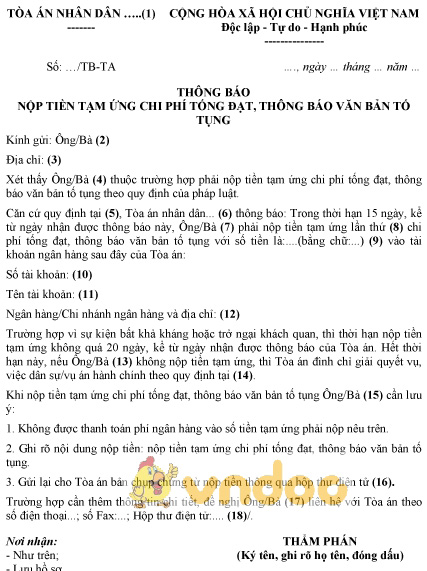 Mẫu thông báo nộp tiền tạm ứng chi phí tống đạt, thông báo văn bản tố tụng