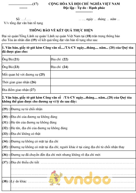 Mẫu thông báo tống đạt văn bản tố tụng