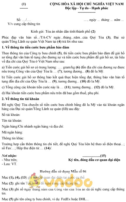 Mẫu văn bản cung cấp thông tin cho Tòa án về tiền cước bưu chính ở nước ngoài