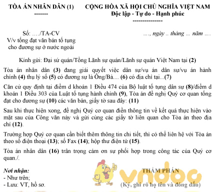 Mẫu văn bản đề nghị Cơ quan đại diện tống đạt văn bản tố tụng, thông báo kết quả thực hiện