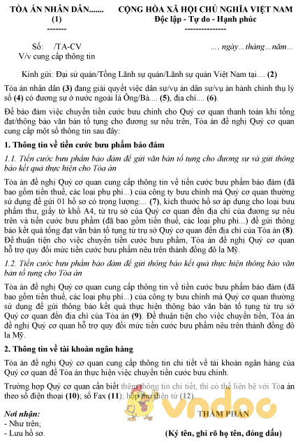 Mẫu văn bản đề nghị cung cấp thông tin về tiền cước bưu chính ở nước ngoài