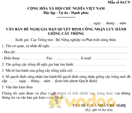 Mẫu văn bản đề nghị gia hạn Quyết định công nhận lưu hành giống cây trồng