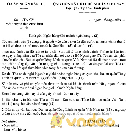 Mẫu văn bản yêu cầu ngân hàng chuyển tiền cước bưu chính ở nước ngoài cho Cơ quan đại diện
