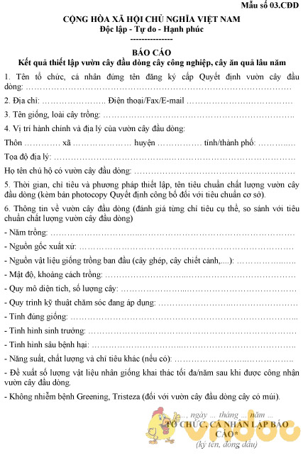 Mẫu báo cáo kết quả thiết lập vườn cây đầu dòng cây công nghiệp, cây ăn quả lâu năm
