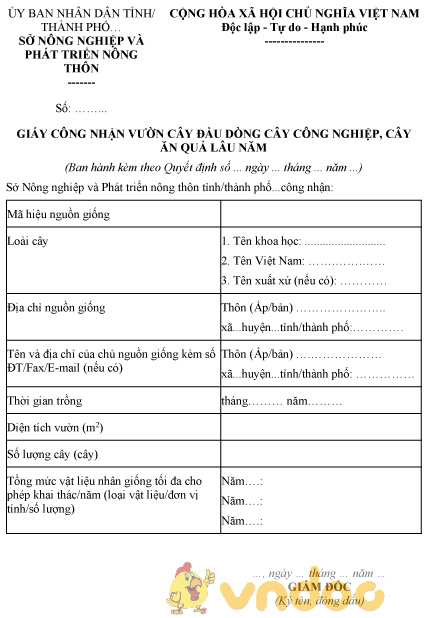 Mẫu giấy công nhận vườn cây đầu dòng cây công nghiệp, cây ăn quả lâu năm