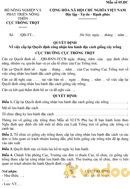 Mẫu quyết định về việc cấp lại Quyết định công nhận lưu hành đặc cách giống cây trồng