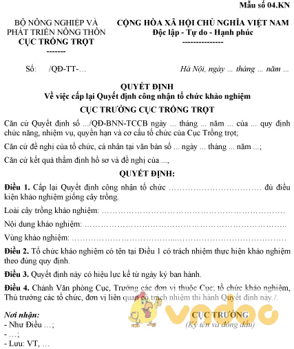 Mẫu quyết định về việc cấp lại Quyết định công nhận tổ chức khảo nghiệm