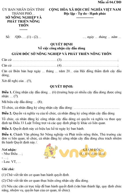 Mẫu quyết định về việc công nhận cây đầu dòng