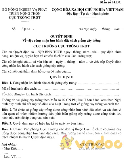 Mẫu quyết định về việc công nhận lưu hành đặc cách giống cây trồng