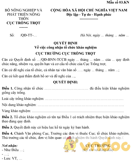 Mẫu quyết định về việc công nhận tổ chức khảo nghiệm