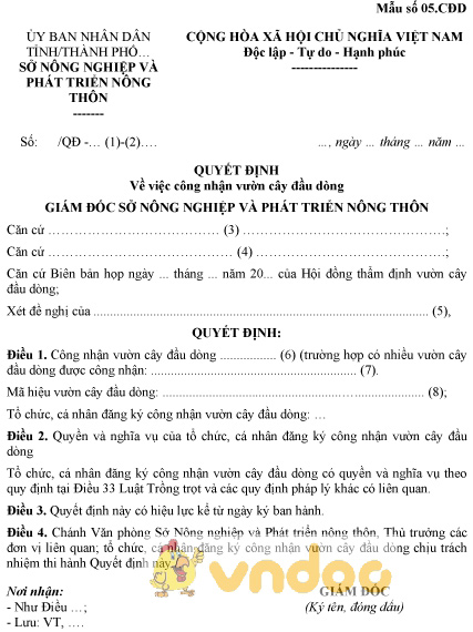 Mẫu quyết định về việc công nhận vườn cây đầu dòng