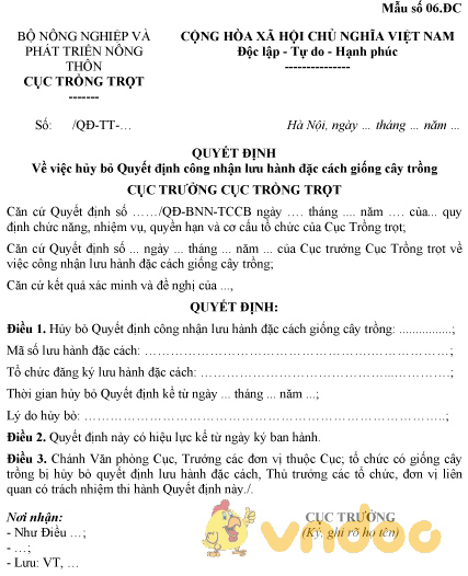 Mẫu quyết định về việc hủy bỏ Quyết định công nhận lưu hành đặc cách giống cây trồng