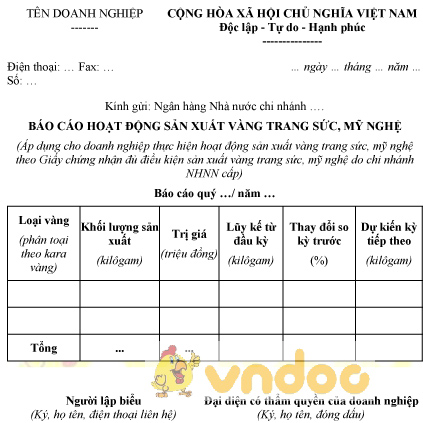 Mẫu báo cáo hoạt động sản xuất vàng trang sức, mỹ nghệ