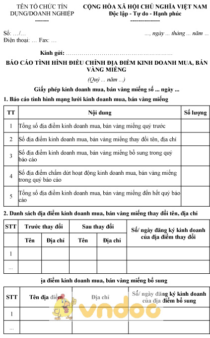 Mẫu báo cáo tình hình điều chỉnh địa điểm kinh doanh mua, bán vàng miếng