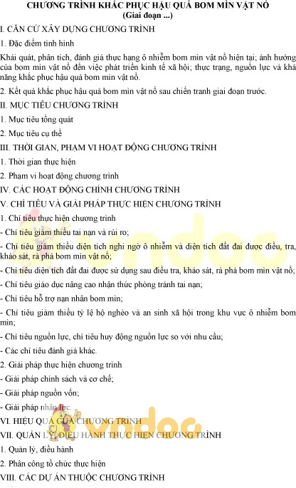 Mẫu chương trình khắc phục hậu quả bom mìn vật nổ