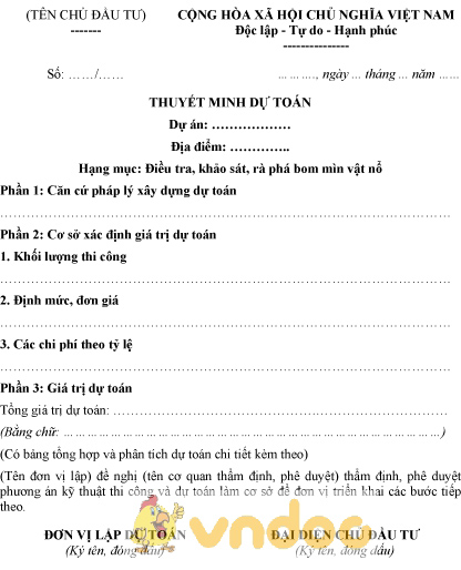Mẫu thuyết minh dự toán rà phá bom mìn, vật nổ