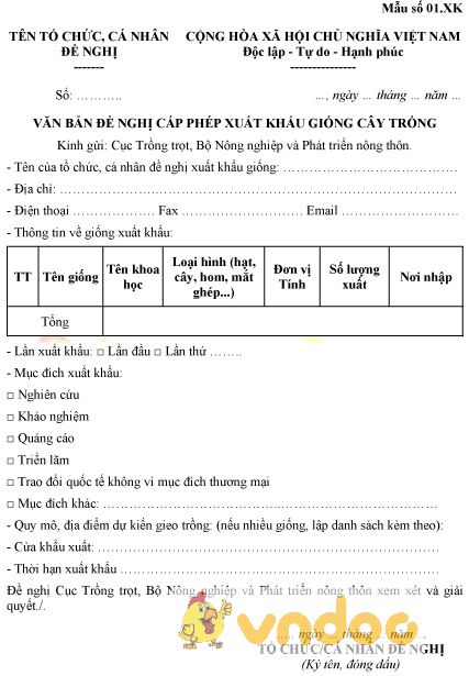 Mẫu văn bản đề nghị cấp phép xuất khẩu giống cây trồng