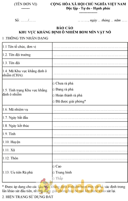 Mẫu báo cáo khu vực khẳng định ô nhiễm