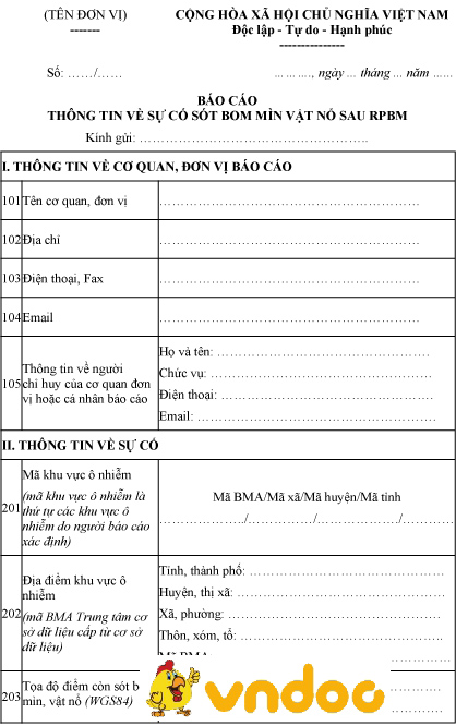 Mẫu báo cáo sự cố sót bom mìn vật nổ sau rà phá bom mìn