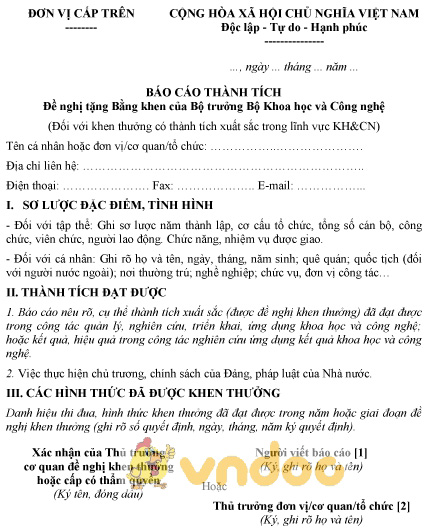Mẫu báo cáo thành tích đề nghị tặng bằng khen của Bộ trưởng Bộ Khoa học và Công nghệ