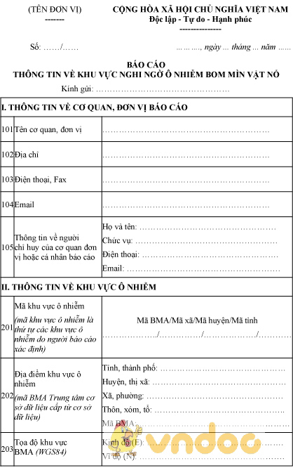 Mẫu báo cáo thông tin về khu vực ô nhiễm bom mìn, vật nổ