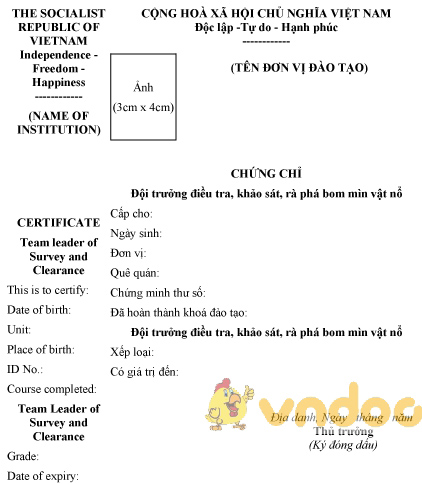 Mẫu chứng chỉ đội trưởng điều tra, khảo sát, rà phá bom mìn vật nổ