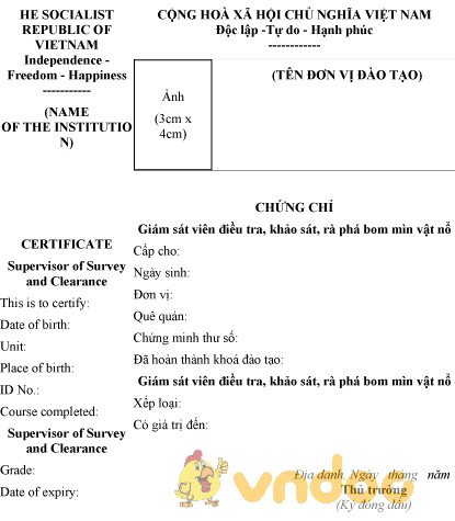 Mẫu chứng chỉ giám sát viên điều tra, khảo sát, rà phá bom mìn vật nổ