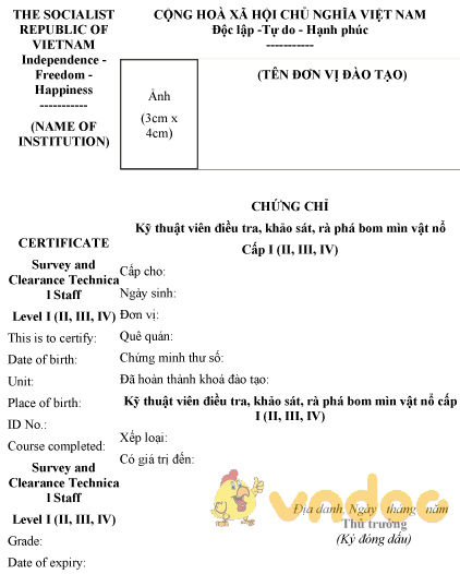 Mẫu chứng chỉ kỹ thuật viên điều tra, khảo sát, rà phá bom mìn vật nổ