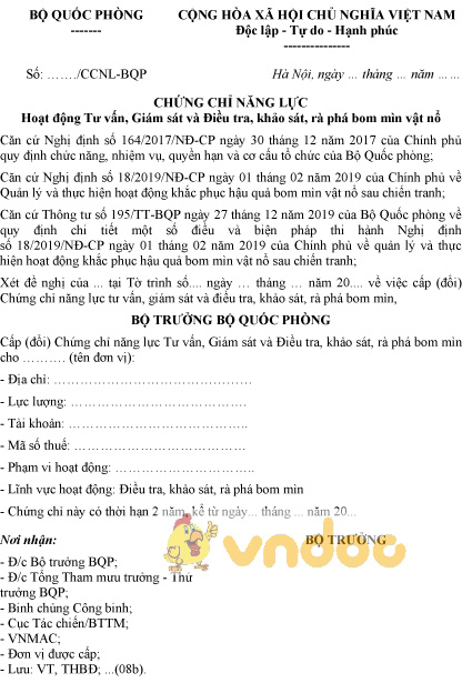 Mẫu chứng chỉ năng lực hoạt động tư vấn, giám sát và điều tra, khảo sát, rà phá bom mìn