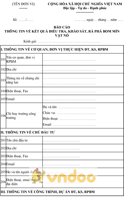 Mẫu kết quả thực hiện dự án nhiệm vụ điều tra khảo sát, khắc phục hậu quả bom mìn 